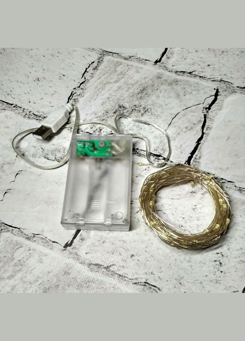 Гирлянда светодиодная нить роса на батарейках + USB 10 метров Теплый свет No Brand (331633407)