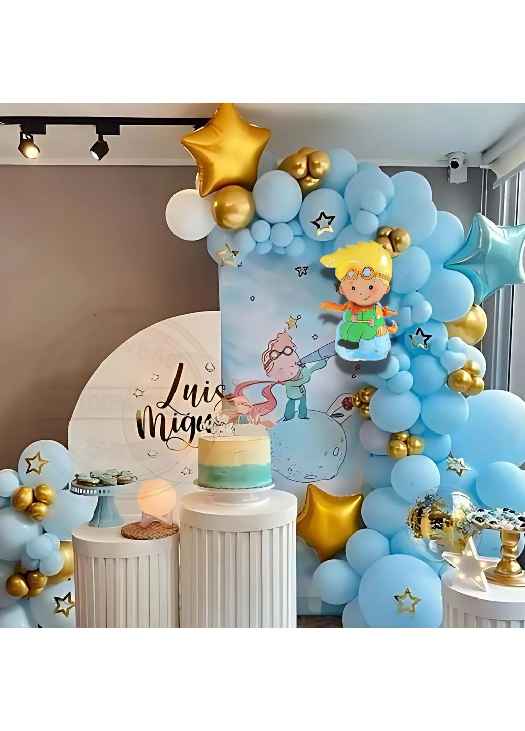 Набор 110 шаров для фотозоны Маленький принц Сердце среди звезд Голубой и золото No Brand (360559176)