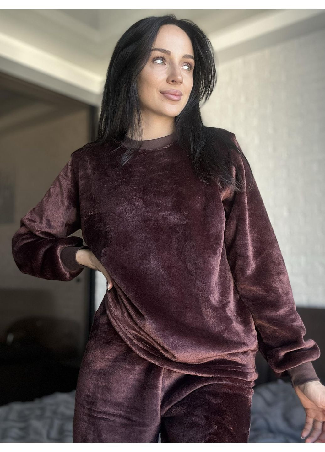 Темно-коричнева всесезон тепла жіноча піжама з велсофту світшот + брюки Vakko