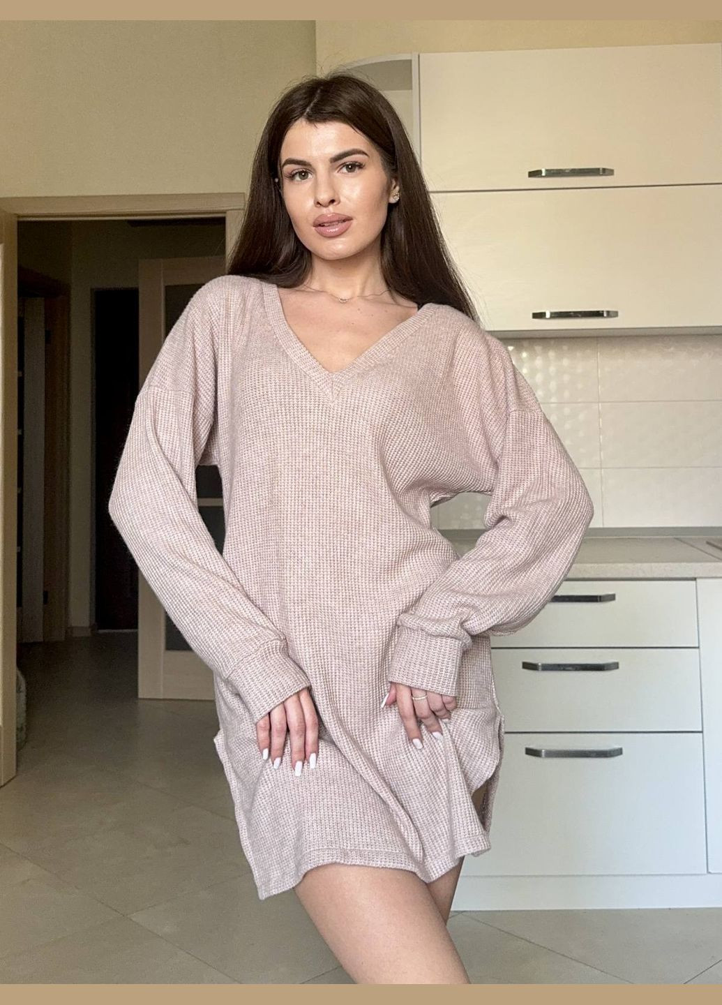 Теплая женская удобная туника с Vвырезом пудра You Best (302437677)