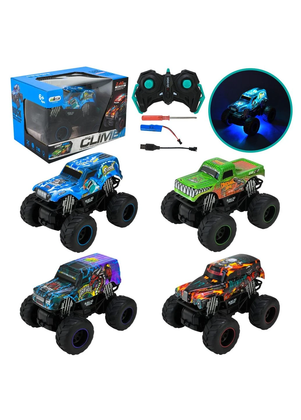 Радіокерована машина монстр-трак KAIJU TRUCK світлодіодна з USB зарядкою позашляховик 6+ 2,4GHz Generic (403304767)