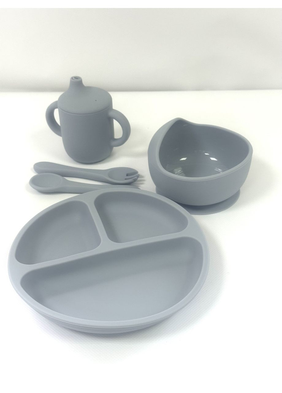 Набір посуду з силікону для першого підгодовування малюків 5 предметів Сірий No Brand (334012689)