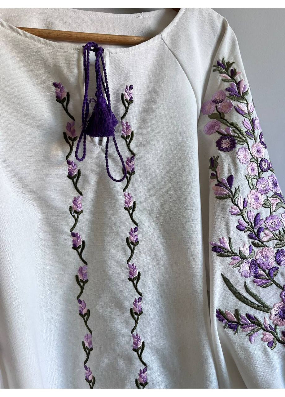 Молочная женская льняная вышиванка этно блуза с вышивкой узор цветочный приталенная, свободная, прямой лен (322503779)
