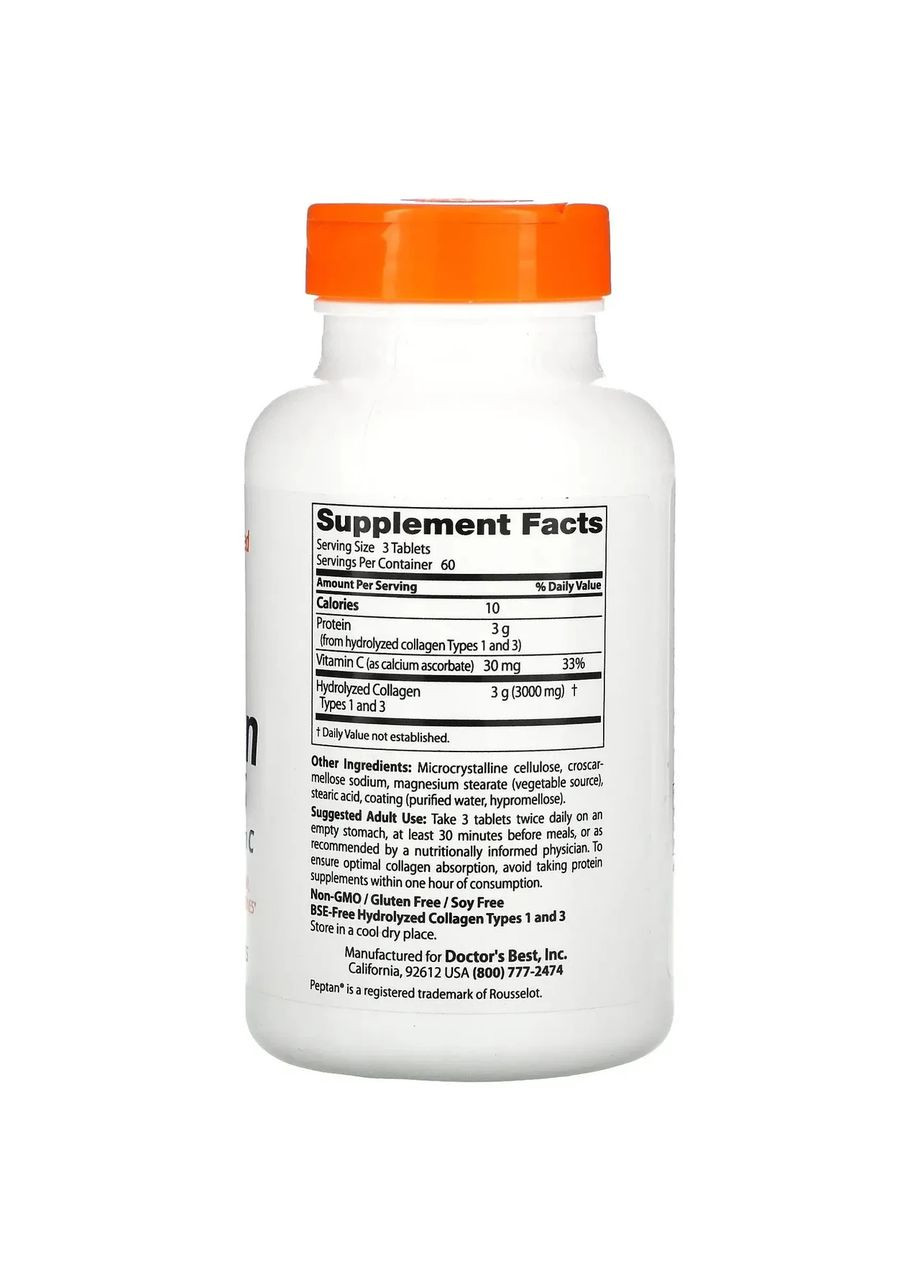 Колаген, тип 1 і 3, Collagen Types 1 and 3 with Peptain,, 1000 мг, 180 таблеток Doctor's Best (361114037)