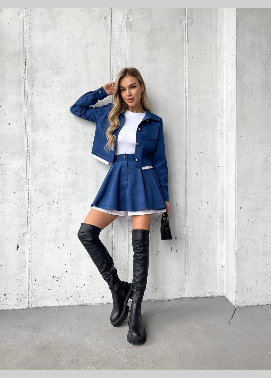 Жіночий вельветовий костюм 2-ка (спідниця-шорти+піджак) синього кольору 30968 No Brand (323643664)