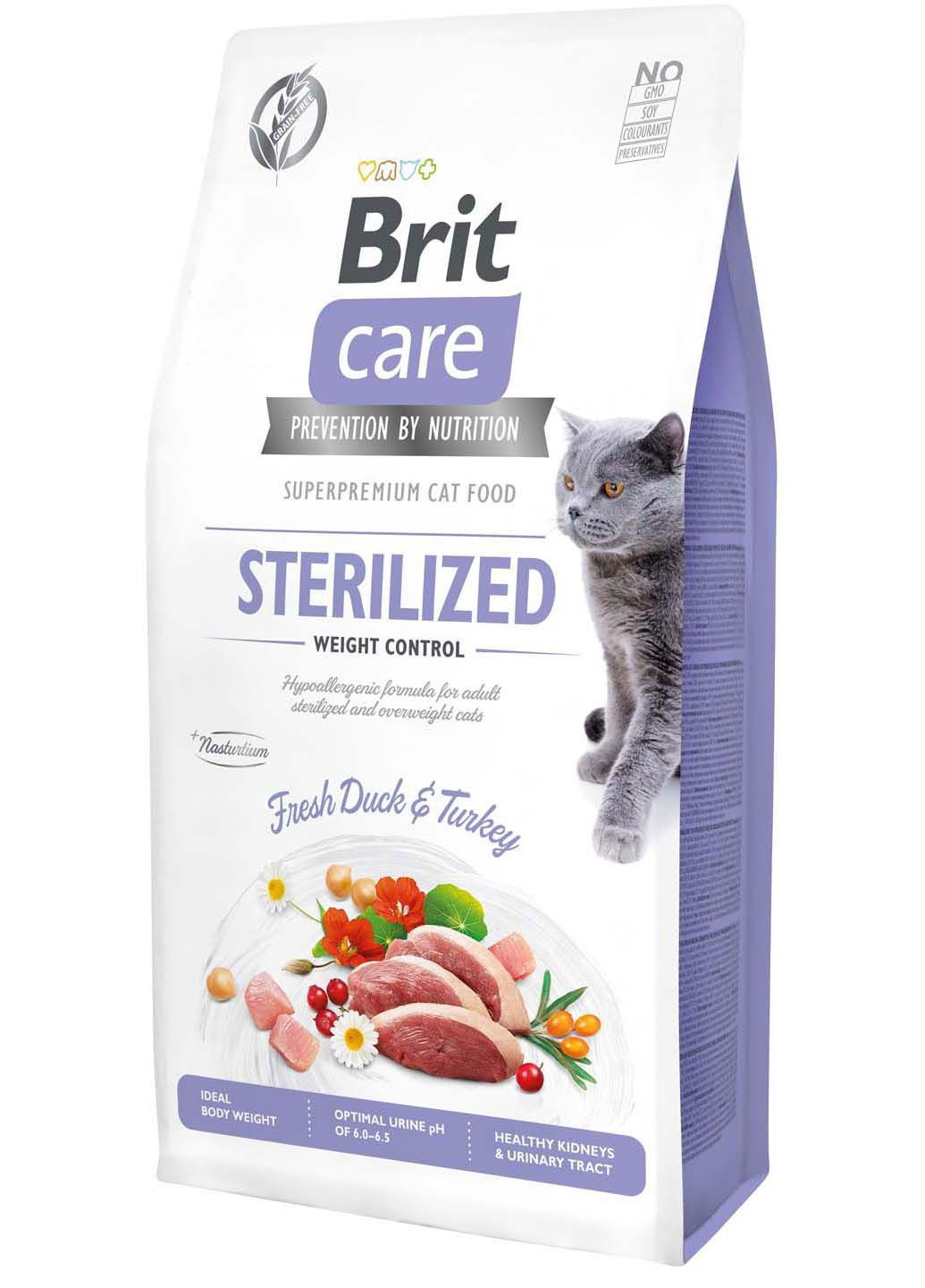 Сухой корм для стерилизованных котов и котов с избыточным весом Cat GF Sterilized Weight с уткой и индейкой 7 кг Brit Care (286472720)