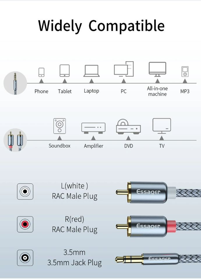 Кабель AUX 2RCA (папа-папа) jack 3.5 мм 1м Essager (300523899)