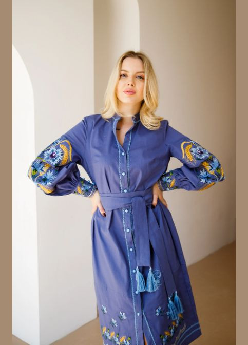 Синій зимній жіноча вишита сукня василина синя Galychanka 7043