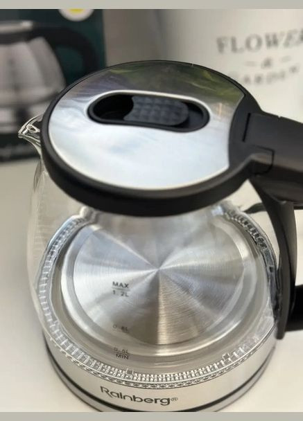 Электрочайник RB-2251 стеклянный дисковый чайник с LED подсветкой 1л 2200Вт Черный Rainberg (342392378)