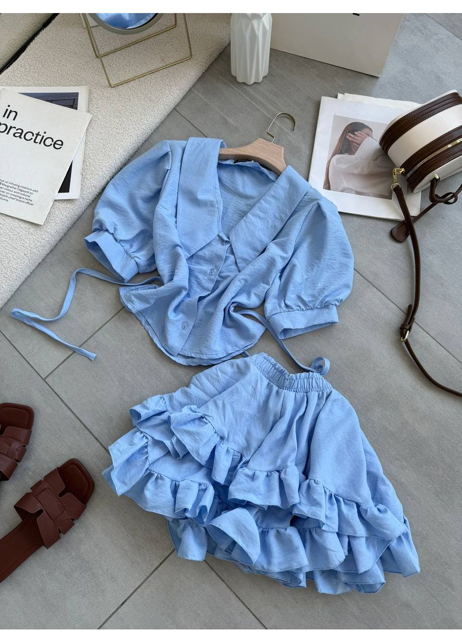 Жіночий комплект з обʼємною блузкою та міні-спідницею з воланами Україна (349821619)