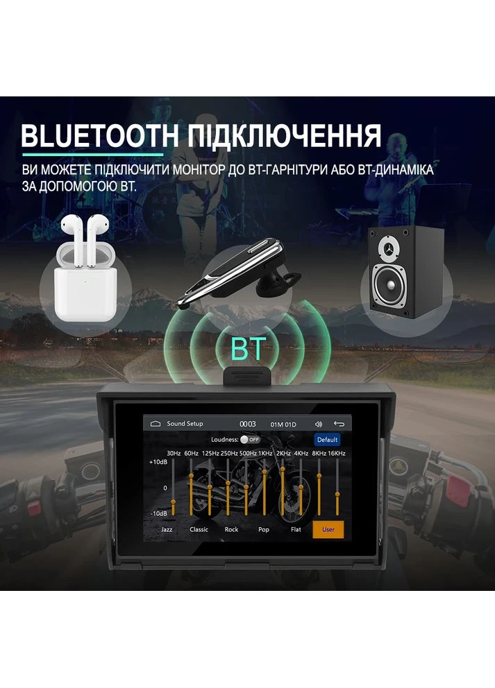 CarPlay Android Auto монітор для мотоцикла A3502, 5" сенсорний дисплей, Bluetooth, Wi-Fi, GPS Podofo (375460359)