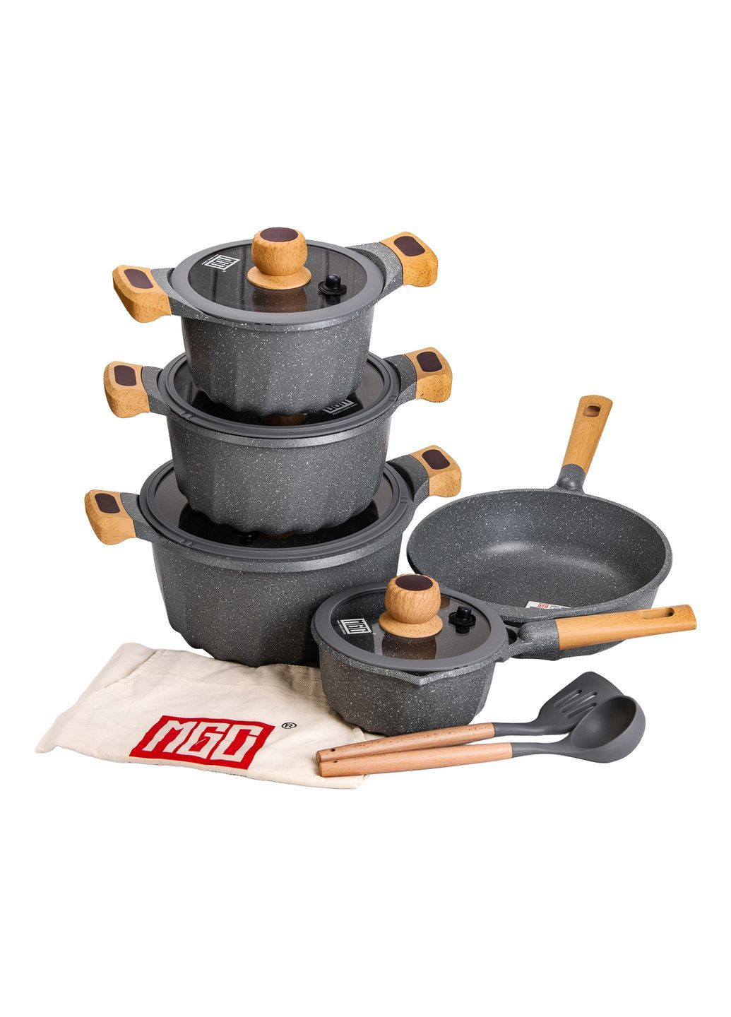 Набір посуду MGC 8 предметів з антипригарним покриттям 1,9/2/3/3,2/5,3 л, сірий MGC HP-4-404G No Brand (373399862)