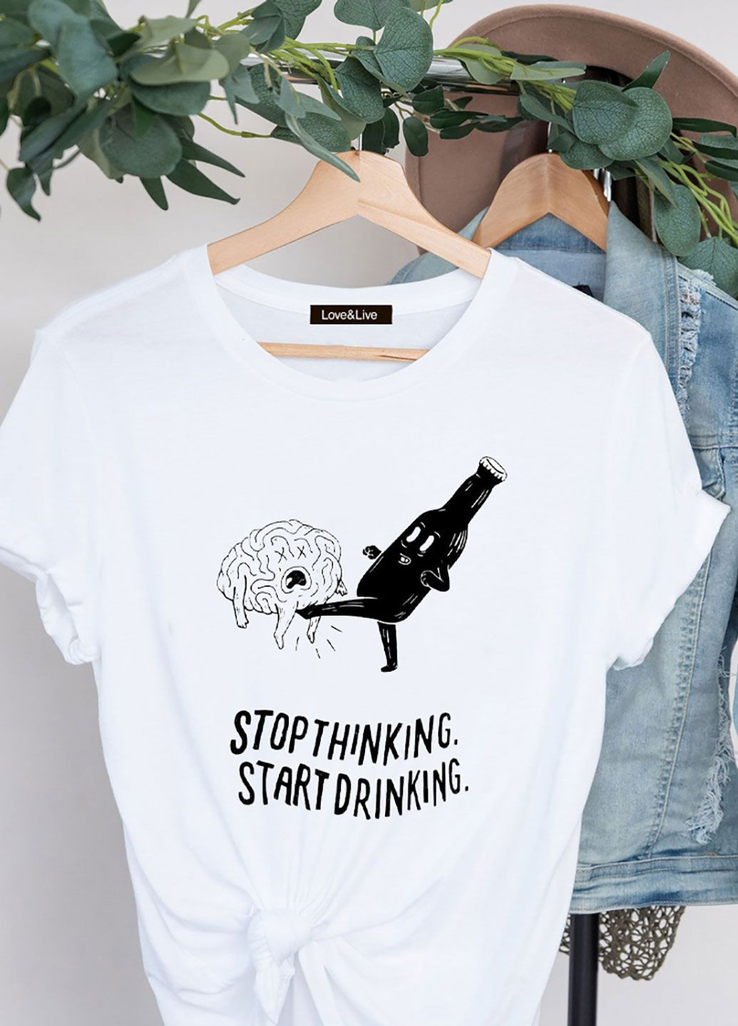 Біла літня футболка жіноча біла stop thinking. start drinking. Zuzu