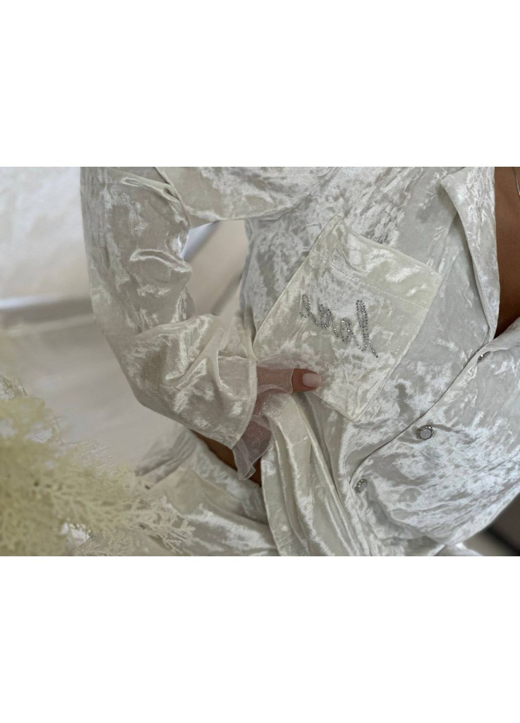 Молочная всесезон женская велюровая пижама рубашка + брюки Asi.Store.ua