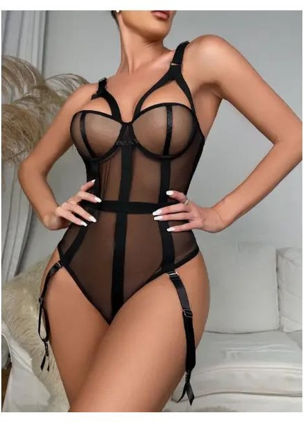 Боди черный с подтяжками и косточками и кнопками в паховой зоне. Бодик с подтяжками из спандекса черного цвета China (360866491)