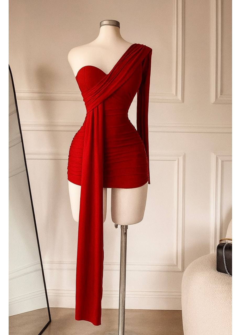 Червона повсякденний, коктейльна, вечірня, кежуал жіноча сукня на одне плече FINO Mode однотонна