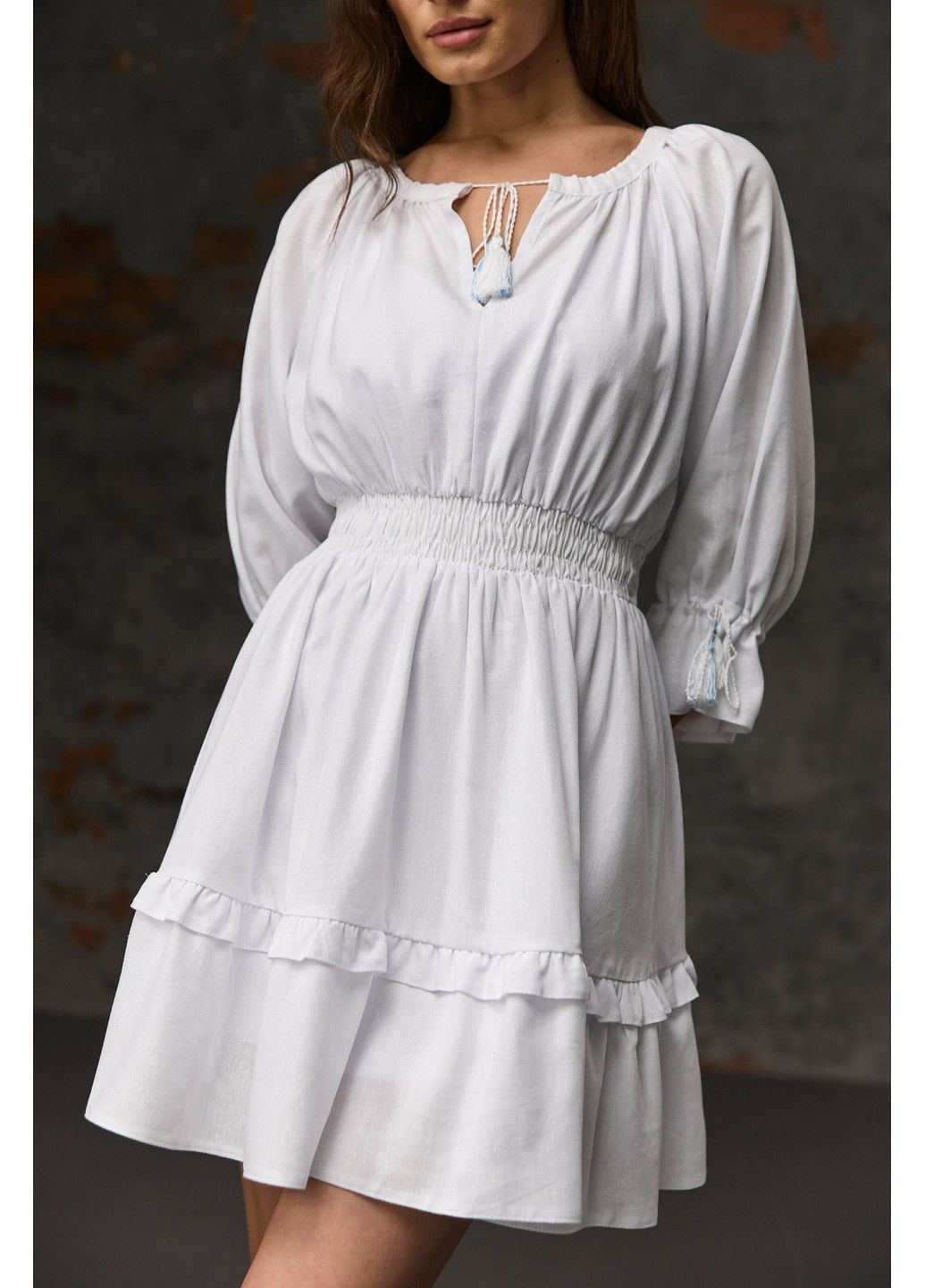 Белое платье лен мини в национальном стиле белое Bessa