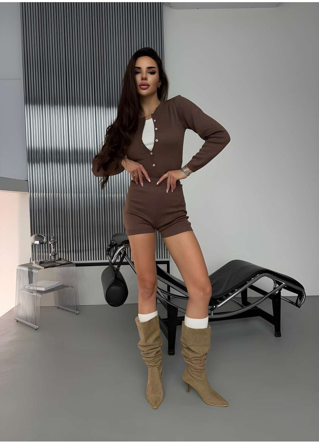 Женский теплый трикотажный вязаный трендовый термокомплект термокостюм боди с шортами. No Brand (366869025)