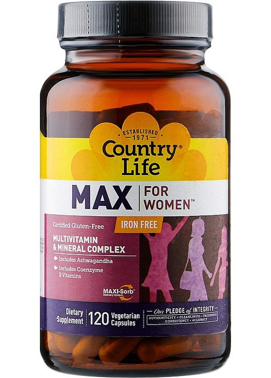 Витаминно-минеральный комплекс для женщин без железа Max for Women 120шт (934482-31023385) Country Life (368633595)