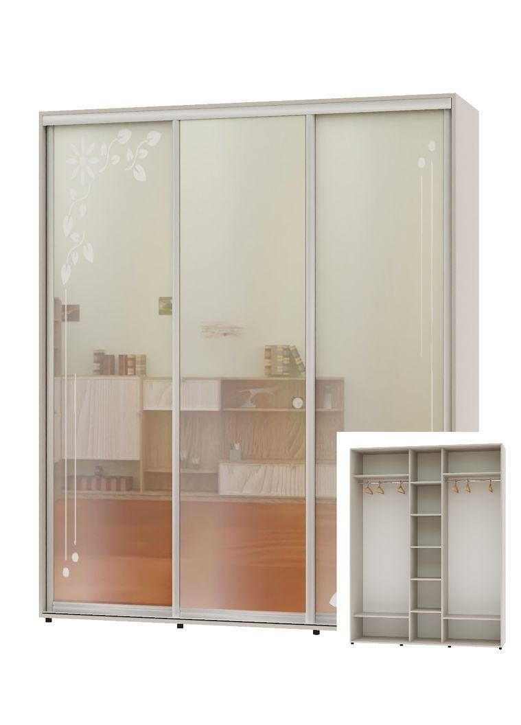 Шкаф-купе трехдверный 190*60*240 Кашемир 2 Зеркала с пескоструйным рисунком/Зеркало ШК-04 Алекса (360478826)
