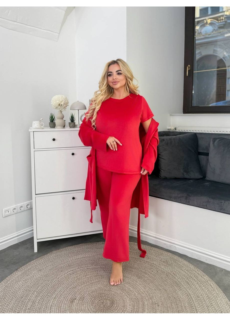 Красная женский велюровый домашний костюм тройка Osoblyva
