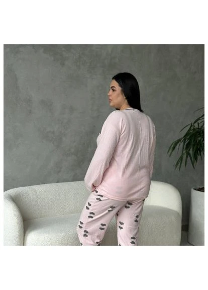 Рожева зимня жіноча піжама plus size рожева з сердечками / жіночий домашній комплект рожева піжама великий розмір / жіноча м’яка піжама No Brand