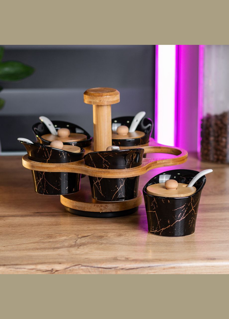 Набор баночек для сыпучих продуктов 5 штук по 120 мл на поворотной подставке, черный мрамор Yiwu (322421129)