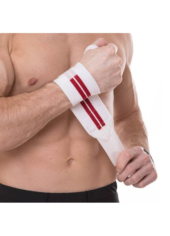 Бинти кистьові для жиму (2шт) STRENGTH WRIST WRAPS SB-167071 (PL, еластан, р-р регулювань, білий-червоний) (SB-167071) Zelart (361439234)