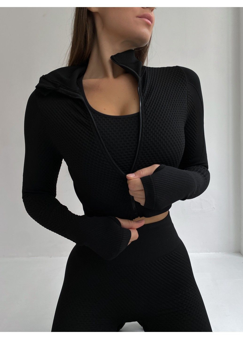 Спортивный костюм для фитнеса женский, бесшовный, комплект тройка - лосины, топ, рашгард, Euphoria, (черный) FITCRUSH (338379716)