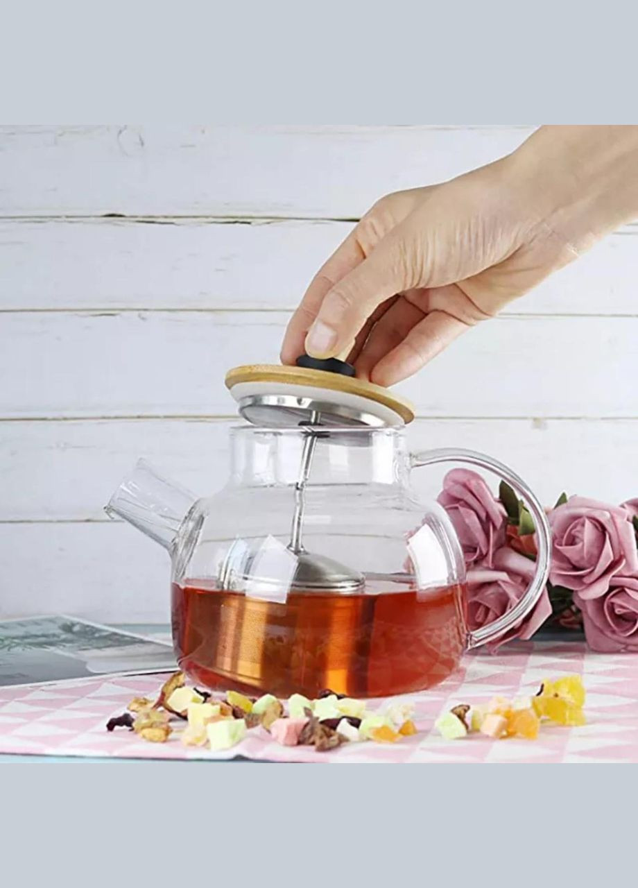 Заварювальний скляний чайник із ситом-фільтром та з бамбуковою кришкою для плити 1л No Brand (315633525)