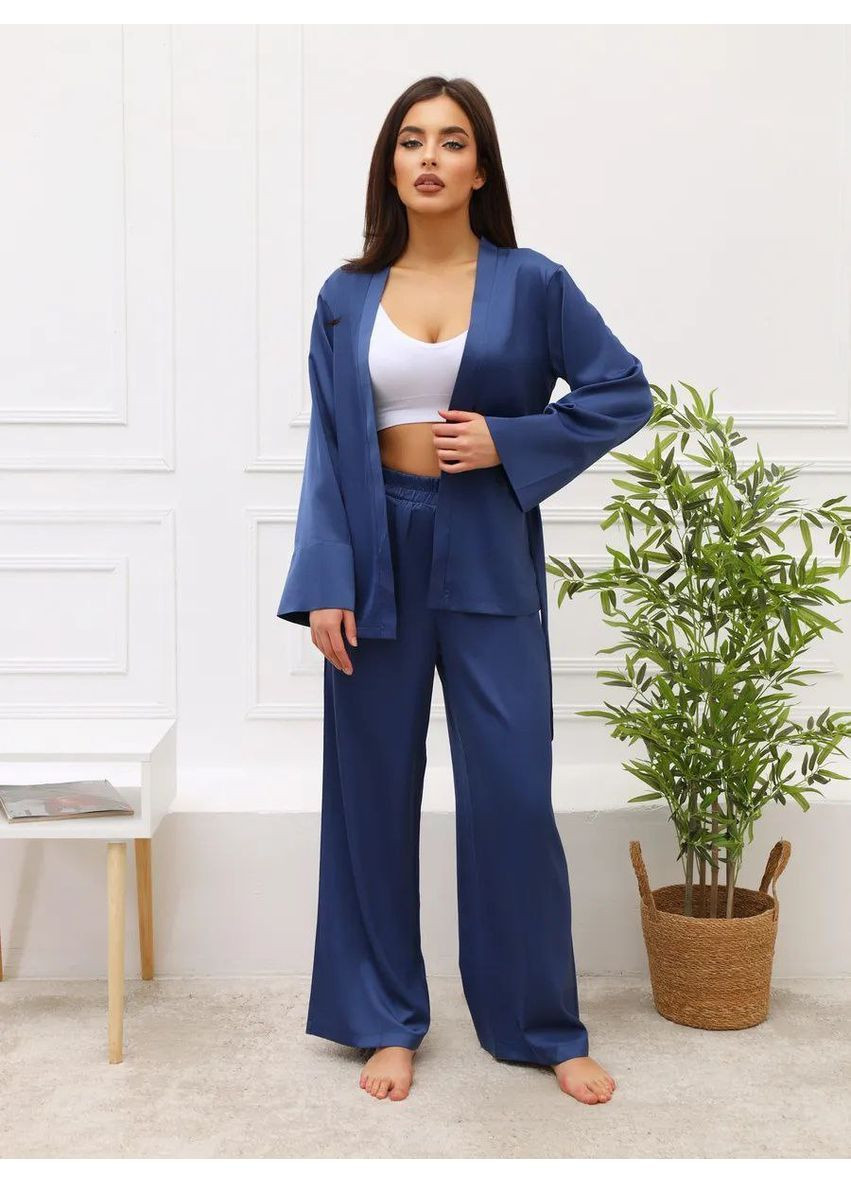 Синяя всесезон атласный пижамный комплект в стиле kimono 3в1 халат рубашка брюки рубашка + брюки No Brand Піжама Kimono чорна