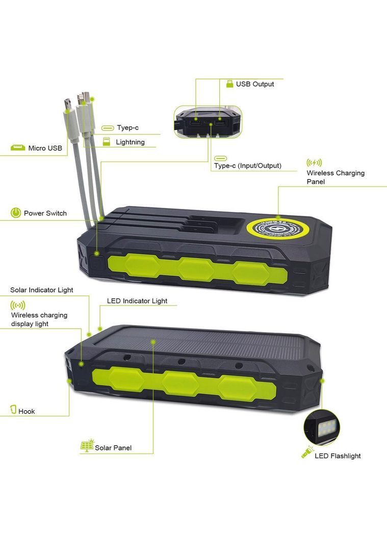 УМБ із сонячною панеллю HDL-531 30000 mAh Wireless Solar Power Charger Green VHG (361111355)