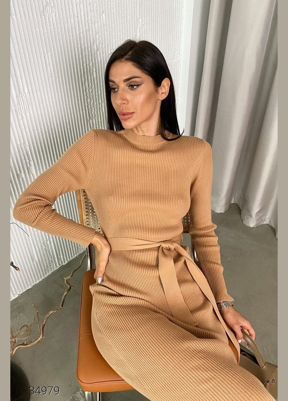 Бежева ділова, повсякденний, святковий в'язана сукня-водолазка міді в рубчик No Brand однотонна