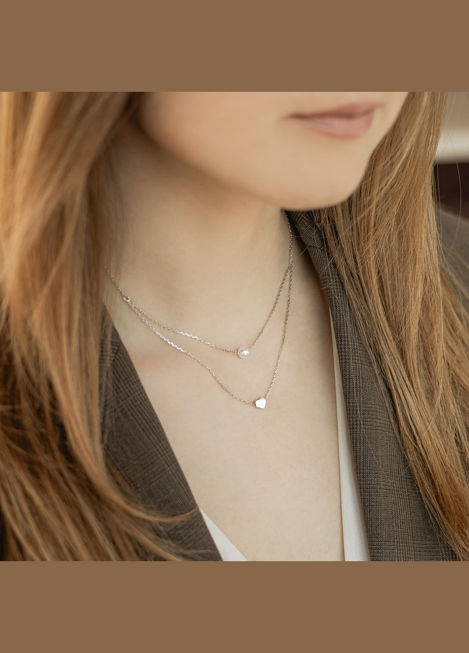 Колье серебряное двойное маленькое Сердце на цепочке и жемчужине No Brand (354710648)