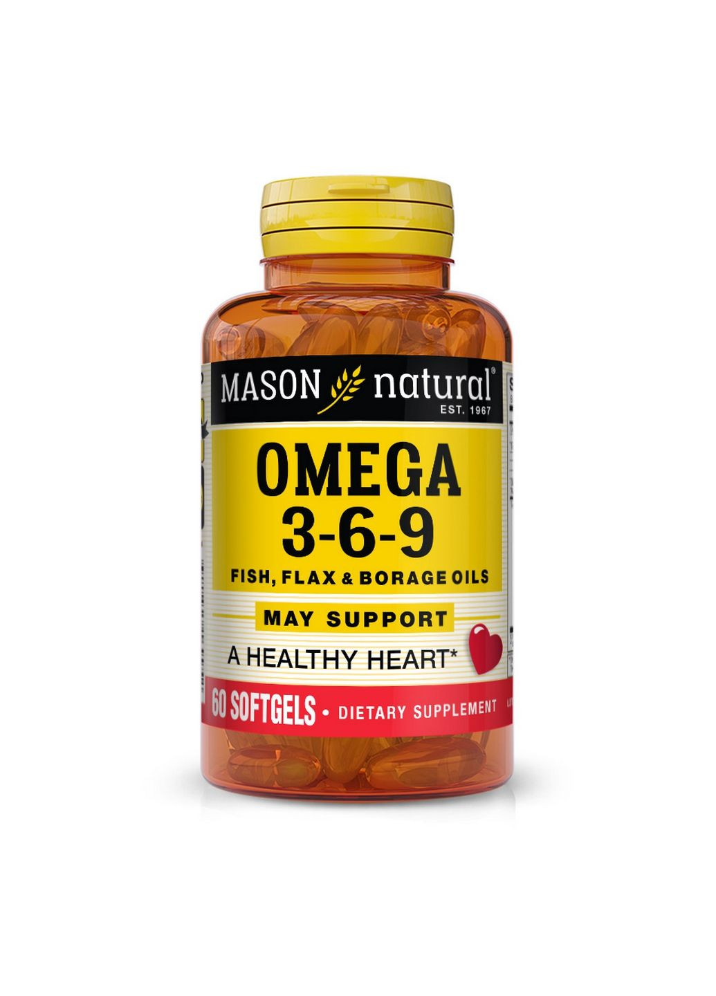 Жирные кислоты Omega 3-6-9 1200 mg Fish, Flax & Borage Oils, 60 капсул Mason Natural (293478551)