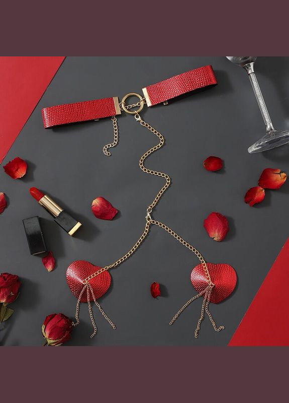 Пестис-сердечка з ланцюжками та чокером Nipple Sticker RT236114 Red JSY (335395264)