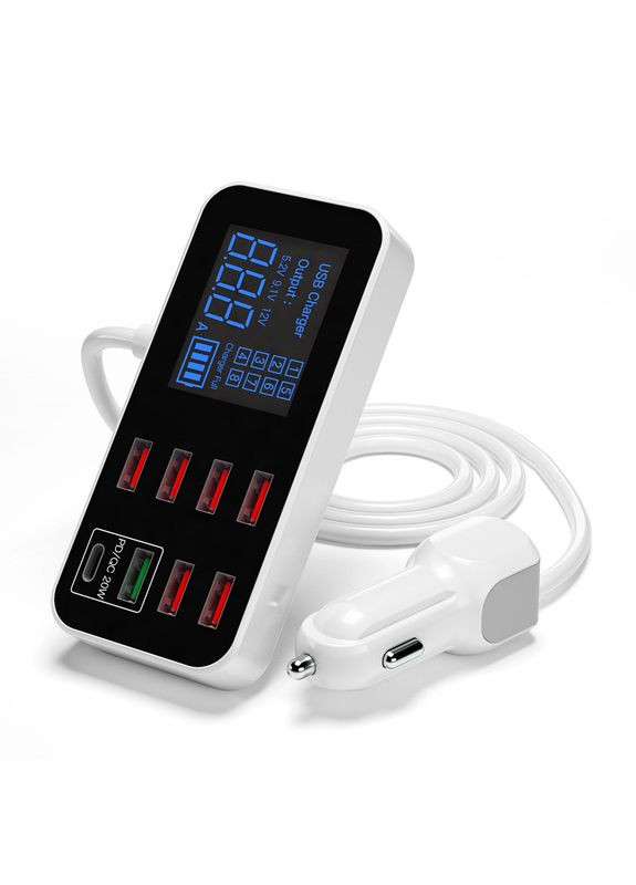Автомобільний 8-портовий USB + Type-C зарядний пристрій 12-24V 40W LED дисплей QC3.0 PD3.0 ( код: WLX-A9S+ ) Addap (325449171)