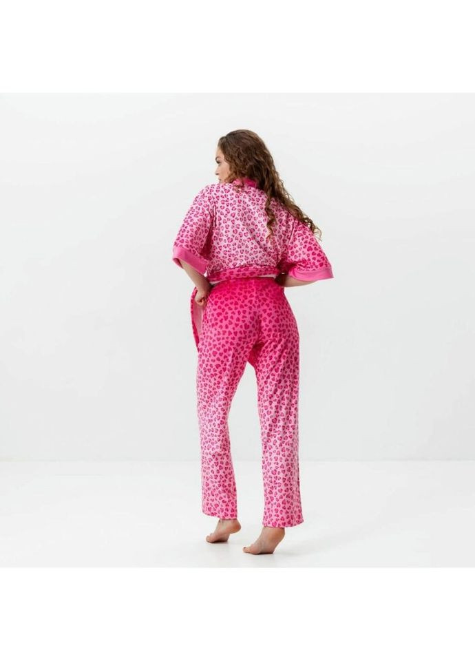 Комбинированная всесезон комплект женский из плюшевого велюра штаны и халат розовый леопард 3420_s 15963 s FlexDress