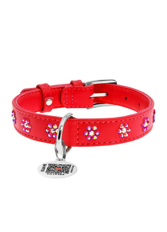 Ошейник для собак кожаный Glamour с QR паспортом, с клеевыми стразами "Цветы", Ш 15 мм, Длин 27-36 см красный WAUDOG (322002681)