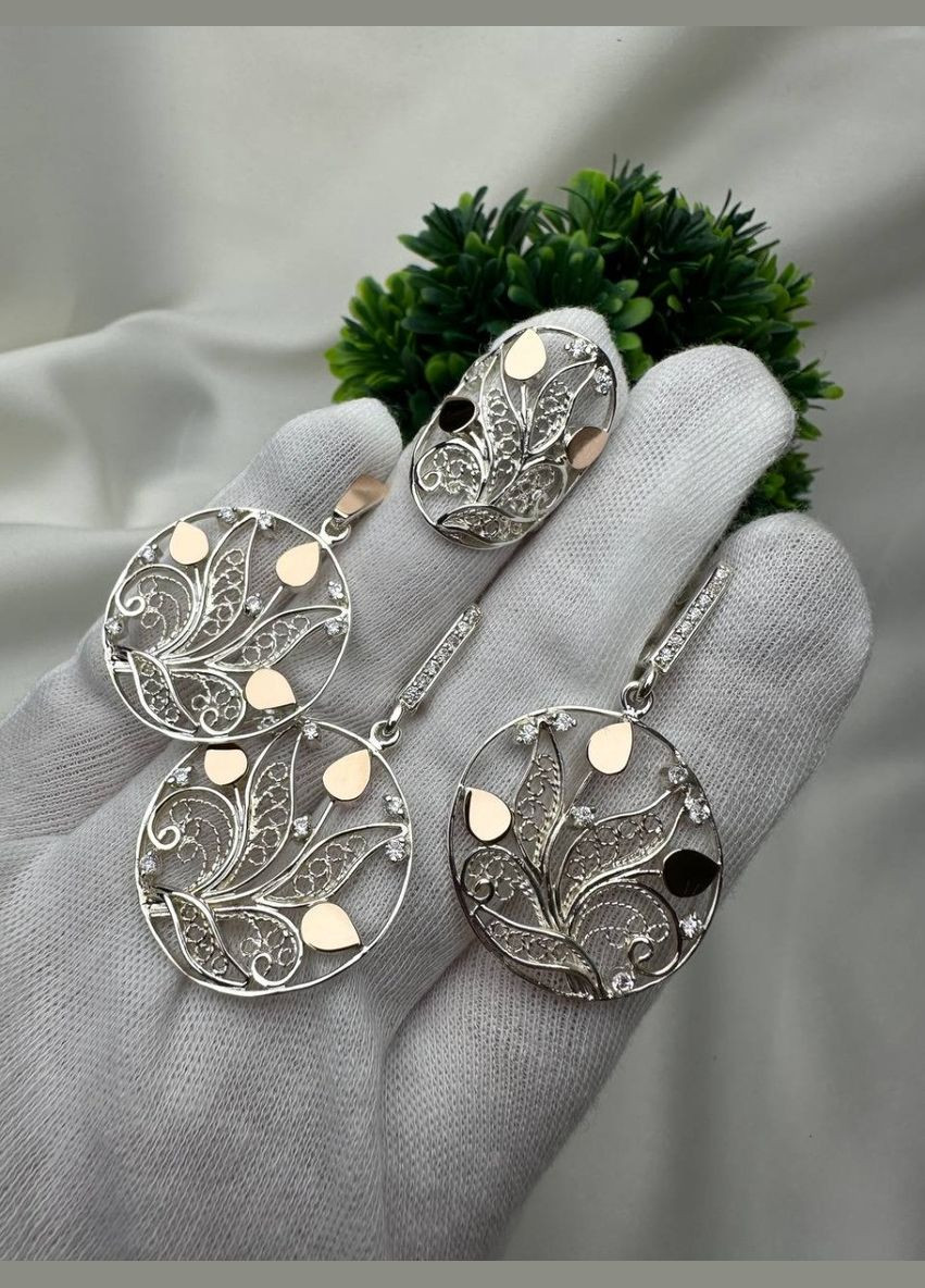 Комплект украшений Цветы в весне серебряный 925 пробы с пластинами золота 375 пробы кольцо + серьги No Brand (328264021)