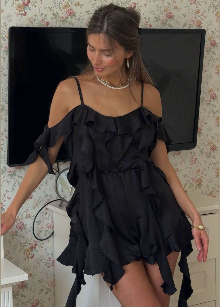 Сатиновий комбінезон з воланами Україна комбінезон-шорти чорний святковий, повсякденний, кежуал, коктейльний сатин