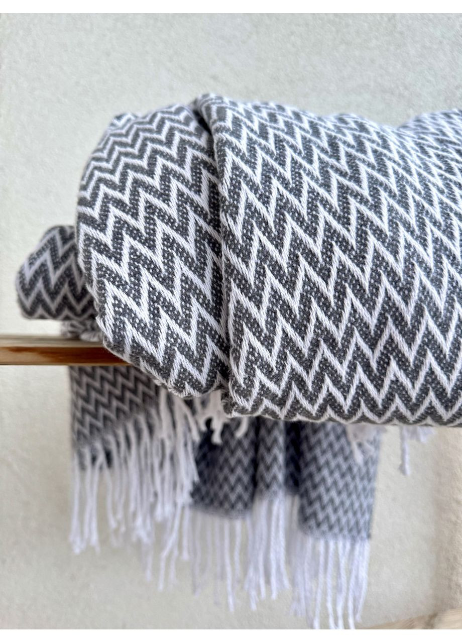 Плед бавовняний ZEINTEX ЗІГЗАГ з китицями сірого кольору Vladi (361852547)