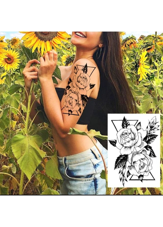 Тимчасове тату Чорні троянди в геометрії 21х15 см, Fine Line, контурні (LZ156) LZ (366547067)