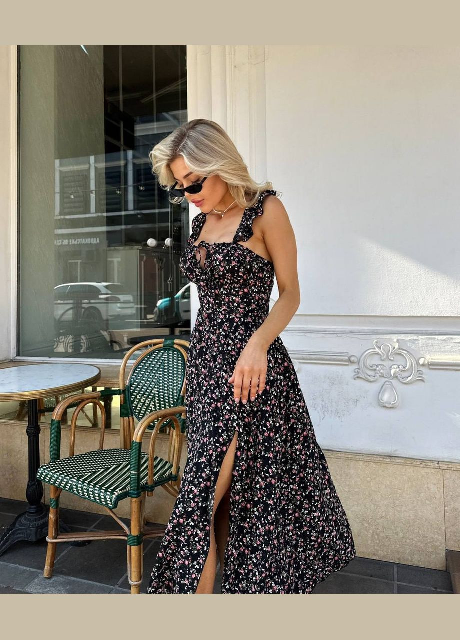 Черное праздничный, повседневный, кэжуал женское платье FINO Mode с цветочным принтом