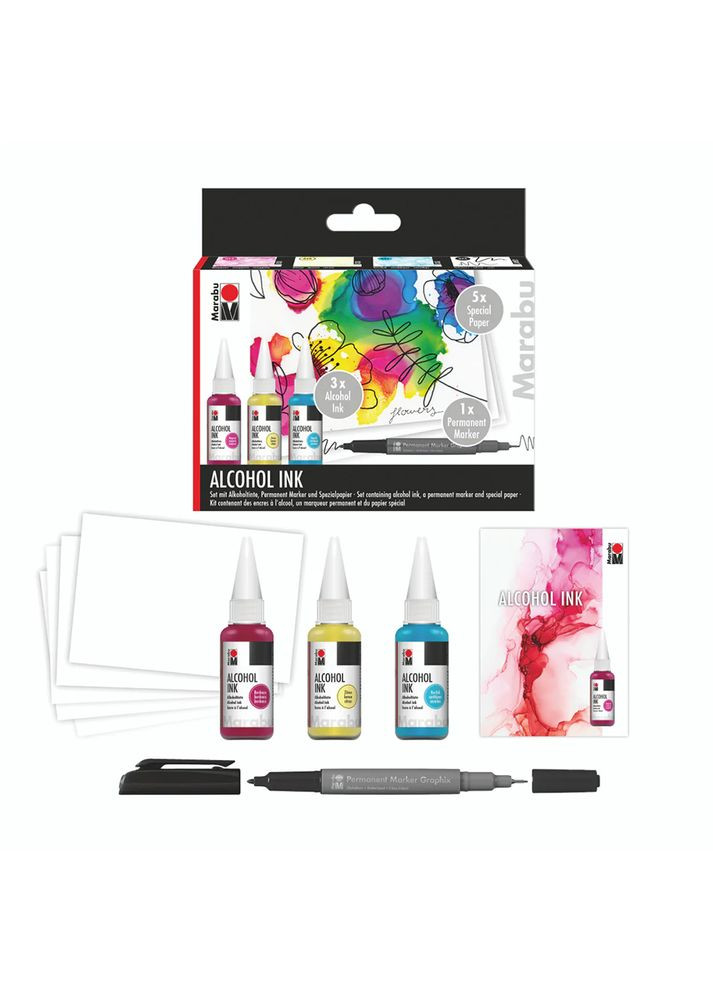 Набор чернил спиртовых Flowers 3 шт. 1 двусторонний маркер 5 л. бумагу А6 Marabu (362579911)