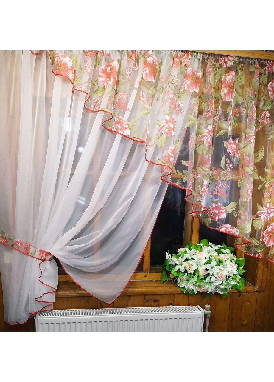 Фіранка кухонна готова коротка Анжеліка біла яблуневий цвіт коралл ліва No Brand (372133989)