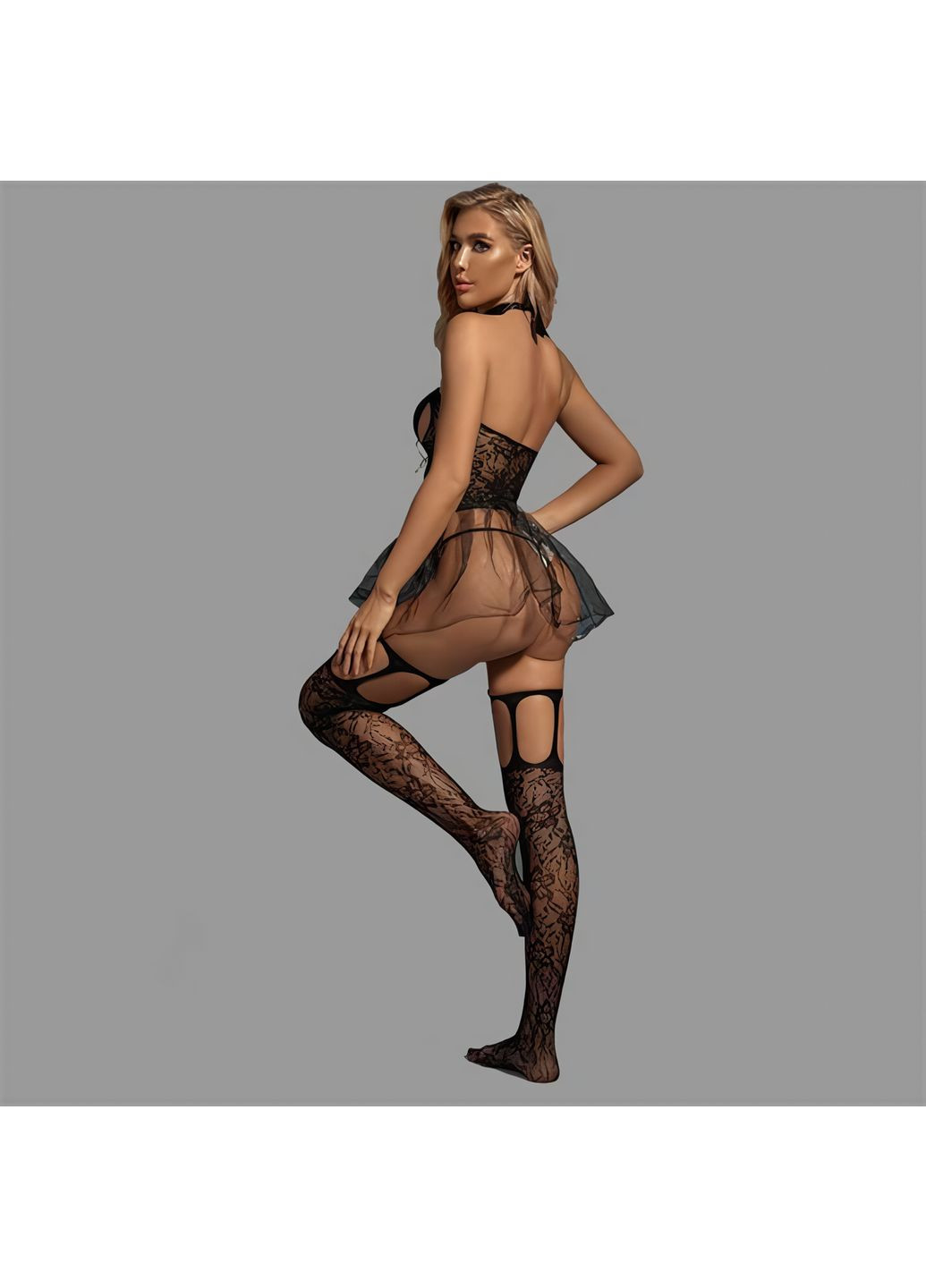 Черный демисезонный потрясающий комплект: платье, чулки, стринги, чокер xs-s черный No Brand
