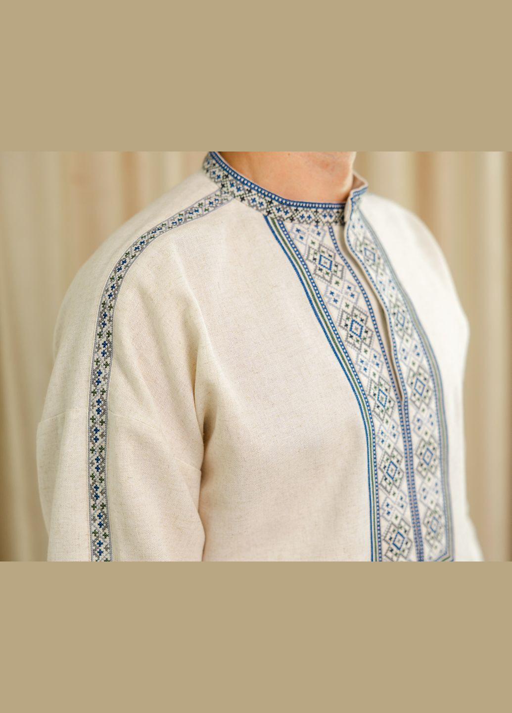 Светло-бежевая вышиванка мужская, рубашка вышиванка сокол, рубашка вышитая узор орнамент прямой вискоза, лен (334001039)