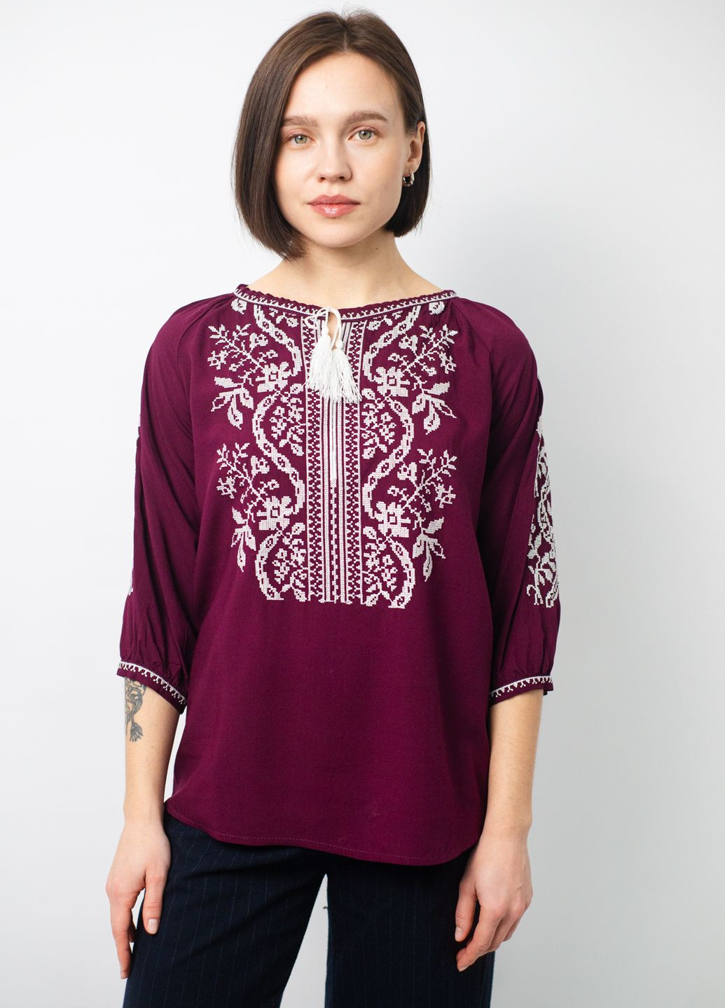 Бордовая вышиванка женская BeART узор цветочный свободная штапель (321783161)