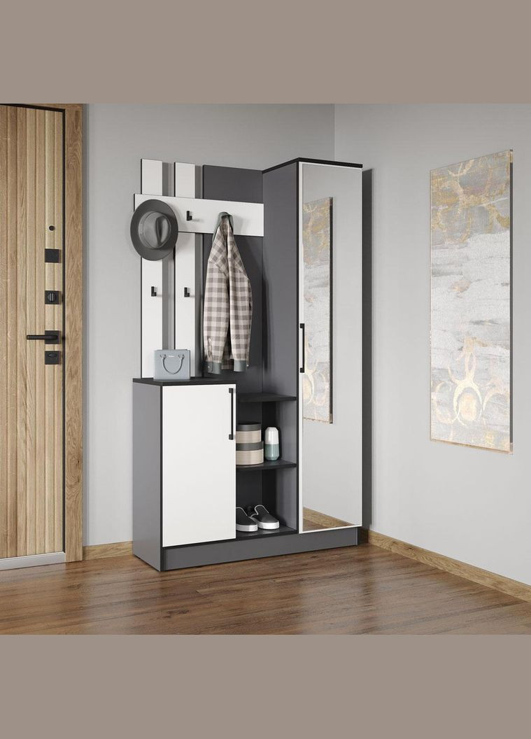 Cтильна прихожа з дзеркалом, дверцятами та крючками для одягу від KO-0004 Антрацит/Білий MORELI (361035232)